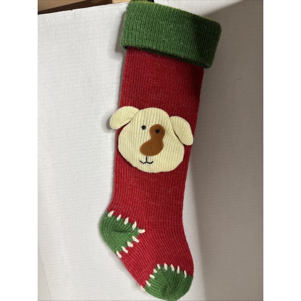 Vintage‎ Christmas Dog Face Red & Green Knitted Stockings Pair 18"